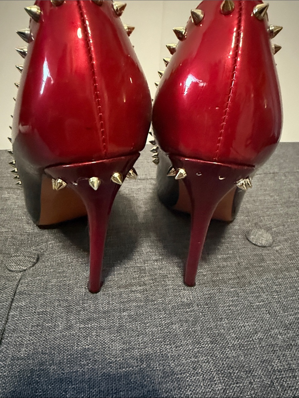 Red and Black Studded Pointed-Toe Women's Pumps - Picture 4 of 5